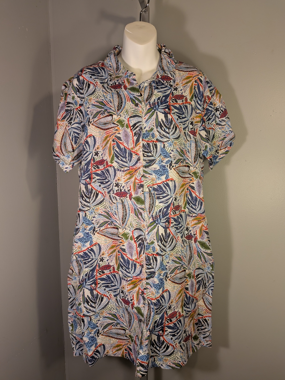 C&C California Multicolor Tropical  Leaf-Print Linen Midi Dress L